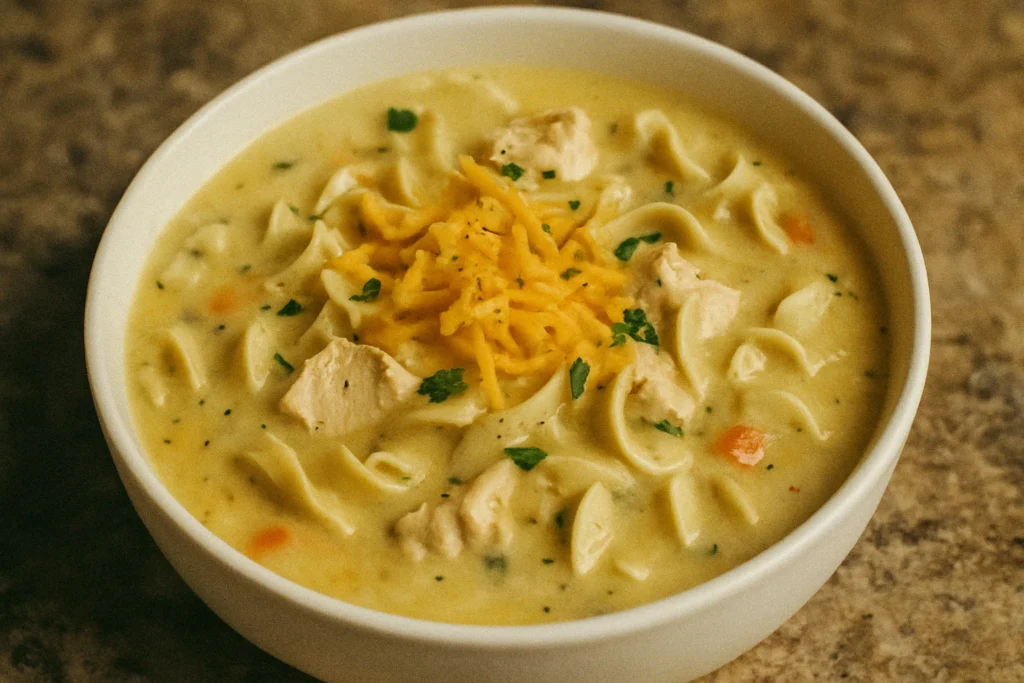 A comforting bowl of creamy chicken noodle soup with melted cheese, perfect for any meal.