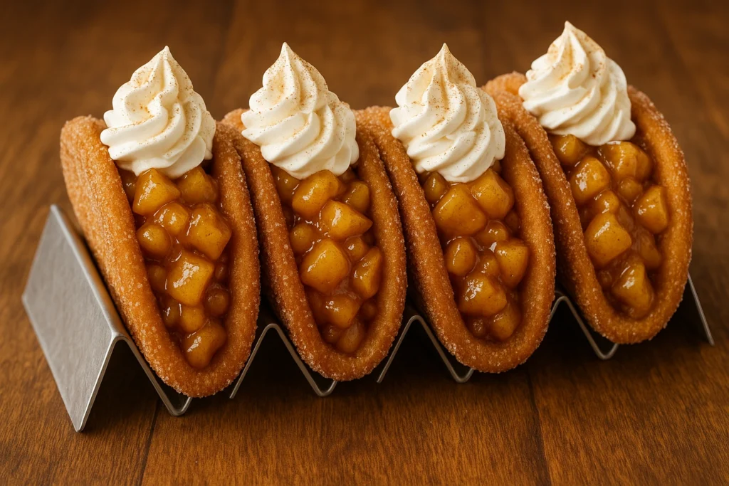 Delicious Apple Cinnamon Churro Tacos filled with spiced apples and topped with cinnamon sugar.