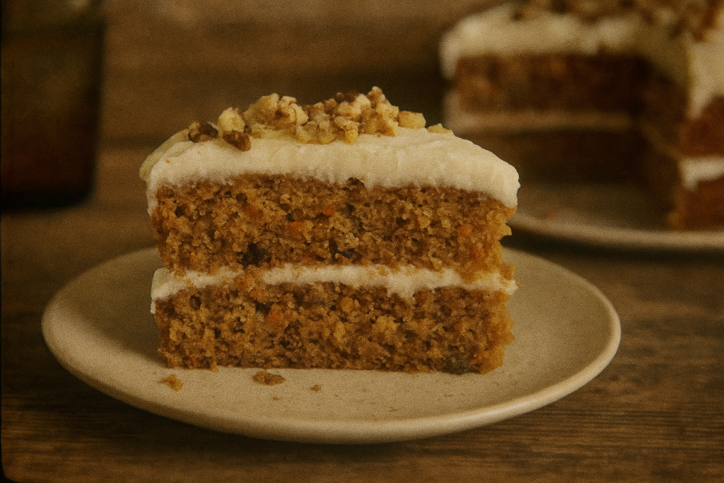 Moist Carrot Cake recipe with Cream Cheese Frosting and Chopped Nuts on top, served on a plate