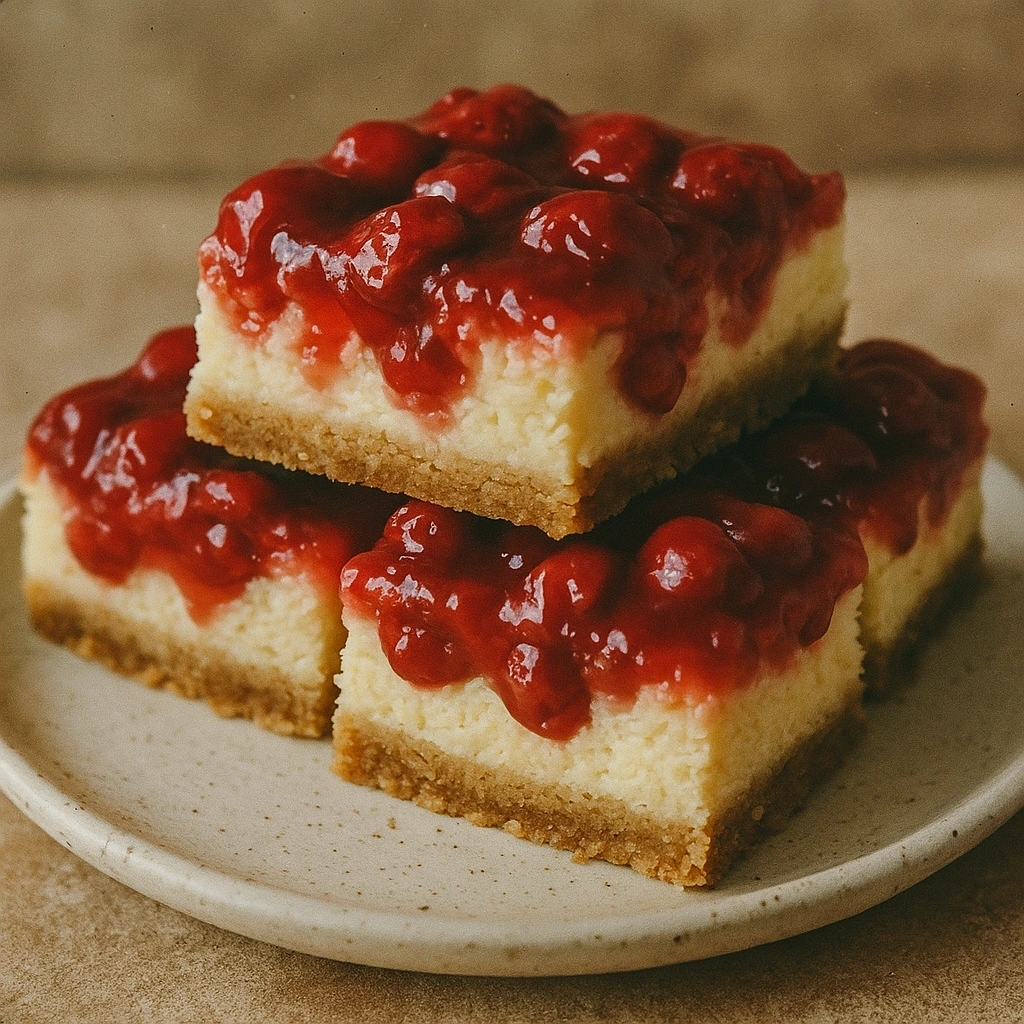 Cherry Cheesecake Bars with a graham cracker crust and sweet cherry topping