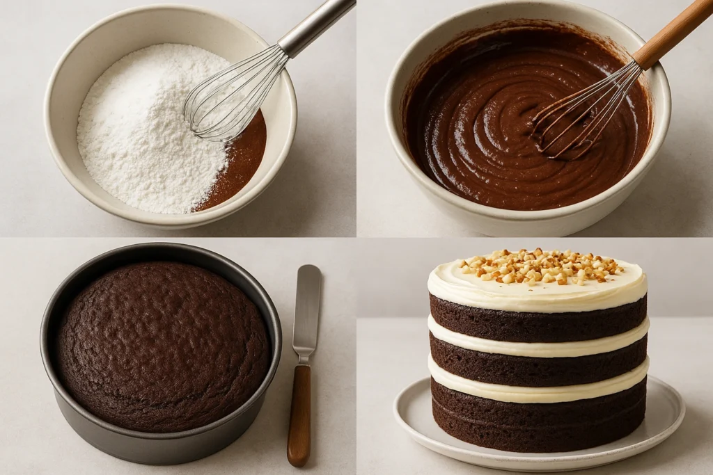 Decadent chocolate cake topped with fluffy whipped cream frosting.