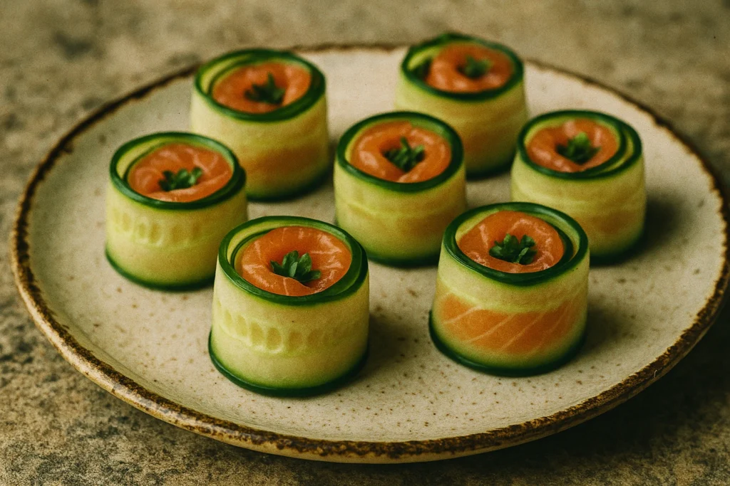 Healthy cucumber salmon rolls garnished with dill and sesame seeds