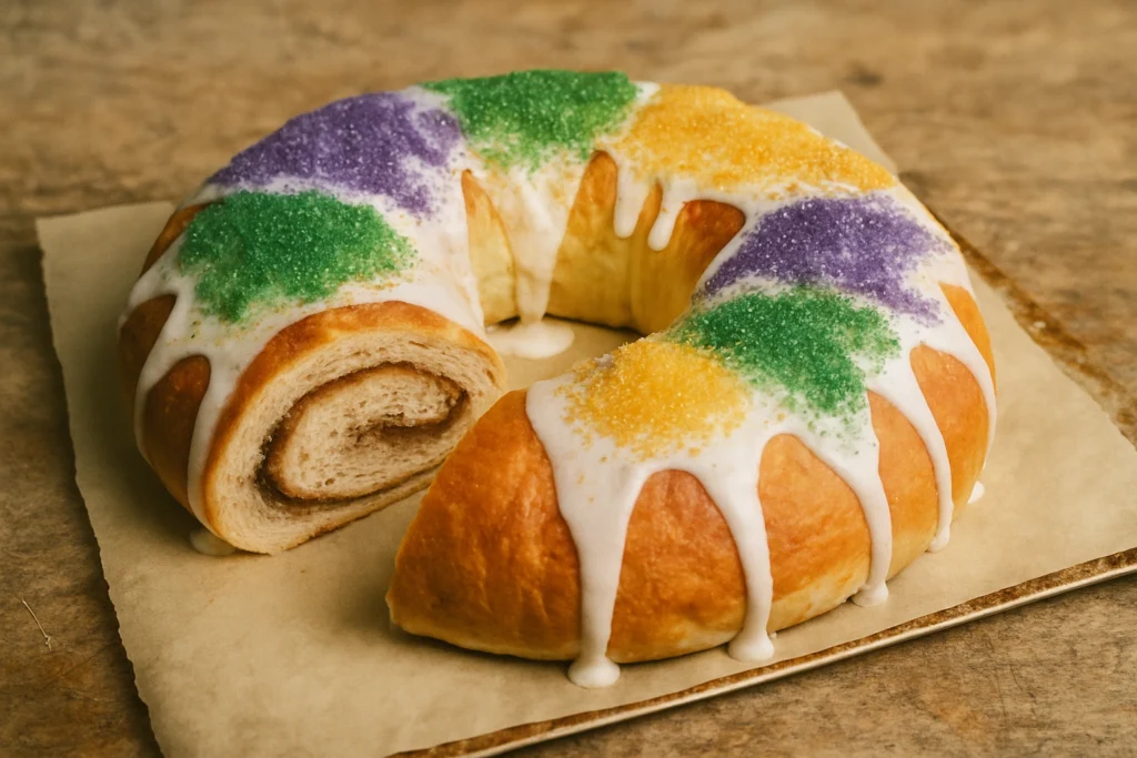 King Cake decorated with purple, green, and gold icing for Mardi Gras celebration