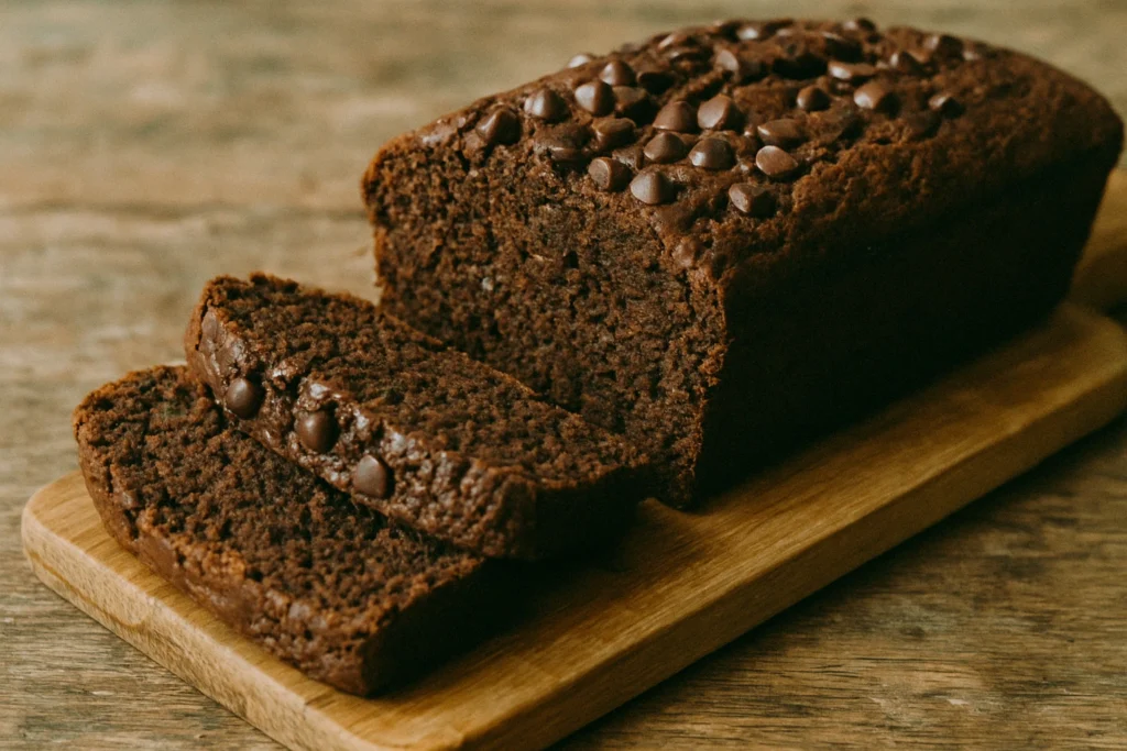 Moist and rich Chocolate Courgette Loaf Cake with dark chocolate chips
