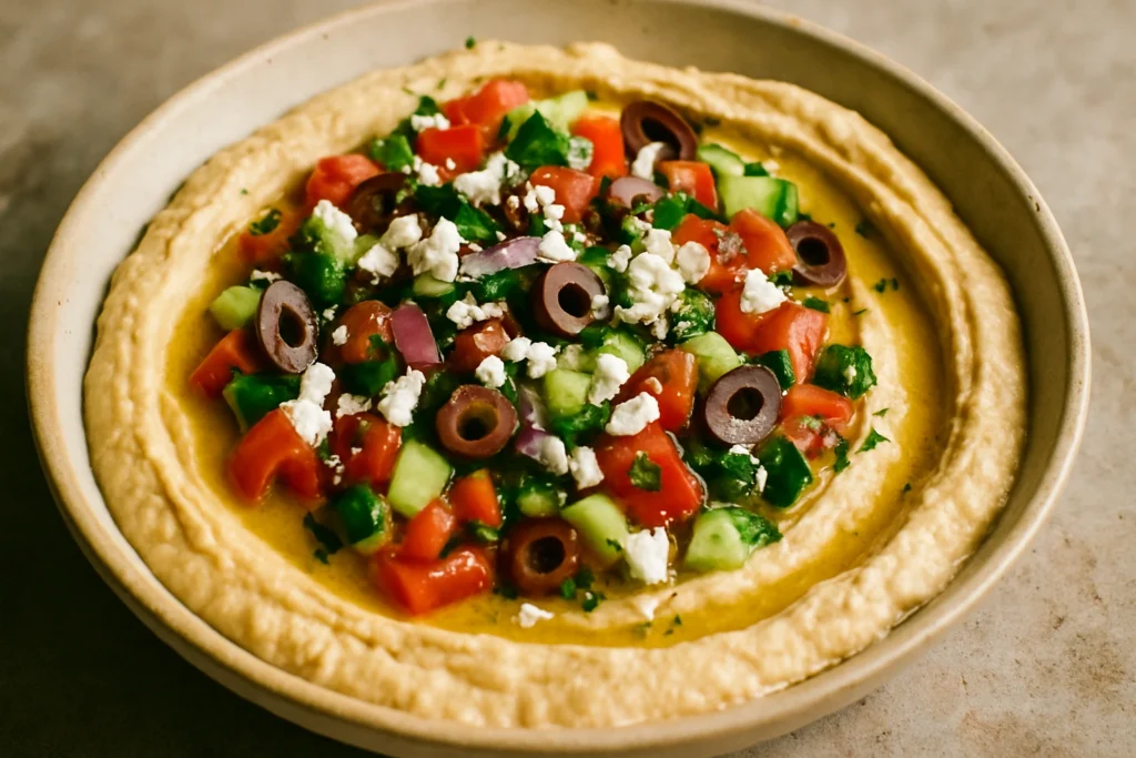 Greek-style loaded hummus with feta, olives, cucumber, and parsley served with pita bread