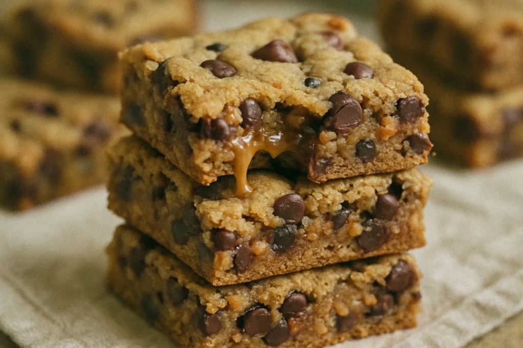 Peanut Butter Cookie Bars with chocolate chips, caramel bits, and toffee, perfect for a sweet treat.