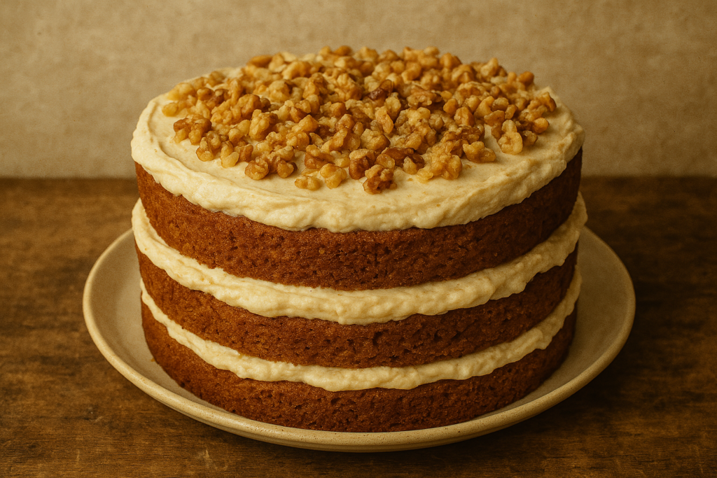 Delicious banana walnut cream cake with a golden crust and creamy topping