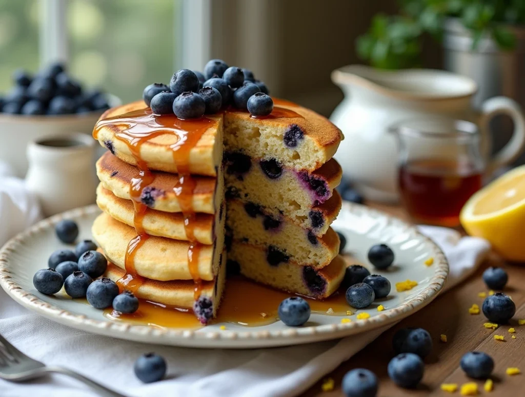 A tall slice of blueberry pancake cake drizzled with maple syrup on a brunch table, surrounded by fresh blueberries and rustic decor.