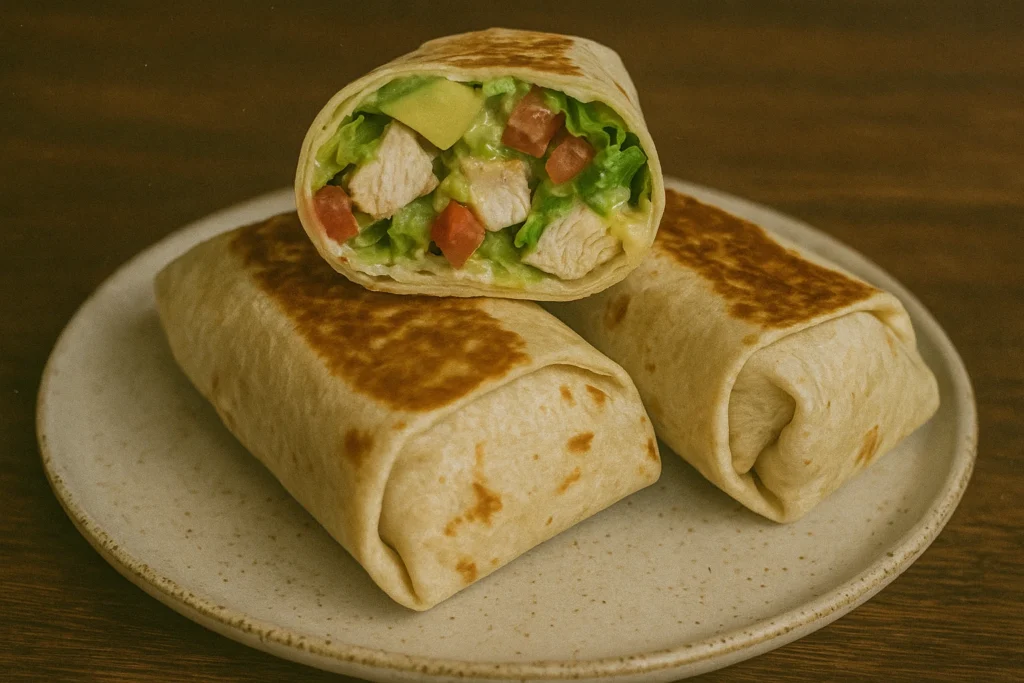 Chicken Avocado Wrap filled with fresh vegetables and grilled chicken in a whole wheat tortilla.