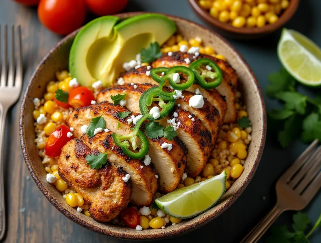 A delicious chicken corn bowl with grilled chicken, charred street corn, jasmine rice, avocado, and lime wedges served in a rustic bowl