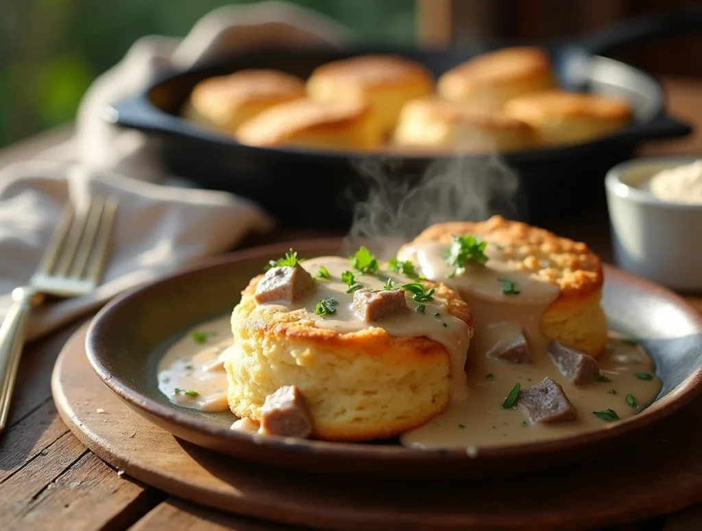 A plate of fluffy low-carb biscuits topped with creamy keto sausage gravy, garnished with parsley and served on a rustic wooden table.