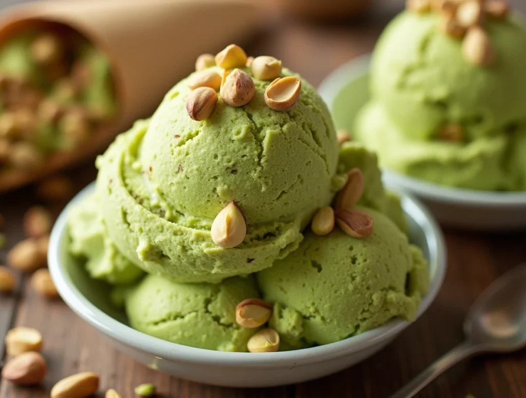 Homemade pistachio ice cream with pistachio nuts in a bowl, topped with fresh berries.