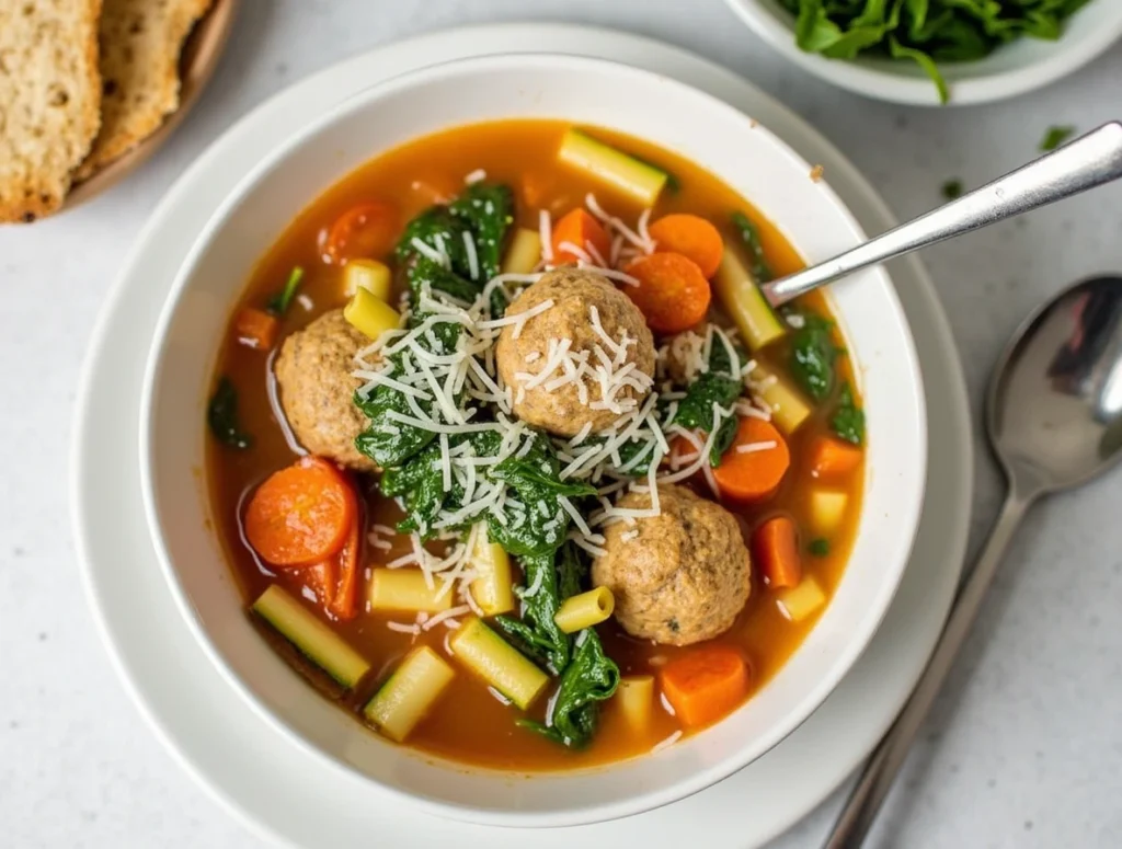 A bowl of summer minestrone soup with turkey meatballs, fresh vegetables, and herbs.