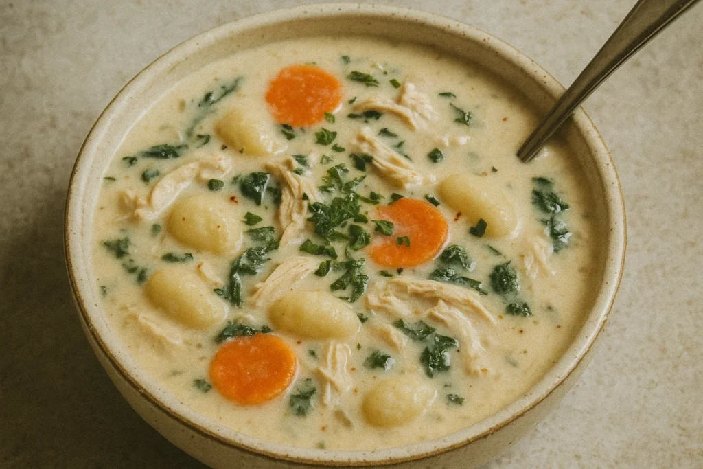 A delicious bowl of creamy Chicken Gnocchi Soup, garnished with fresh spinach and Parmesan cheese, served with crusty bread.