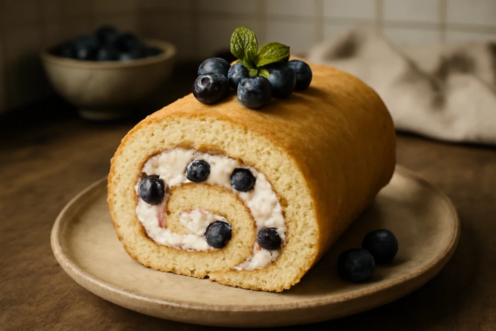 Blueberry Swiss Roll with creamy filling and fresh blueberries on top.