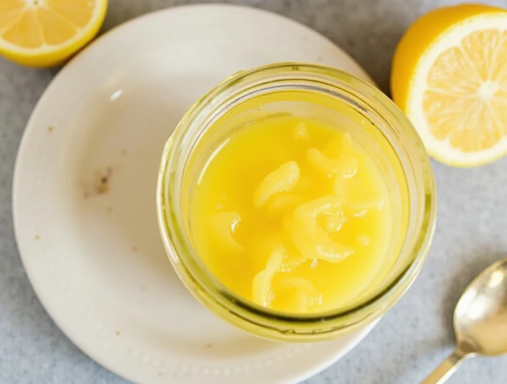 A jar of creamy vegan lemon curd surrounded by fresh lemons and zest, set on a wooden surface with a soft blurred background.