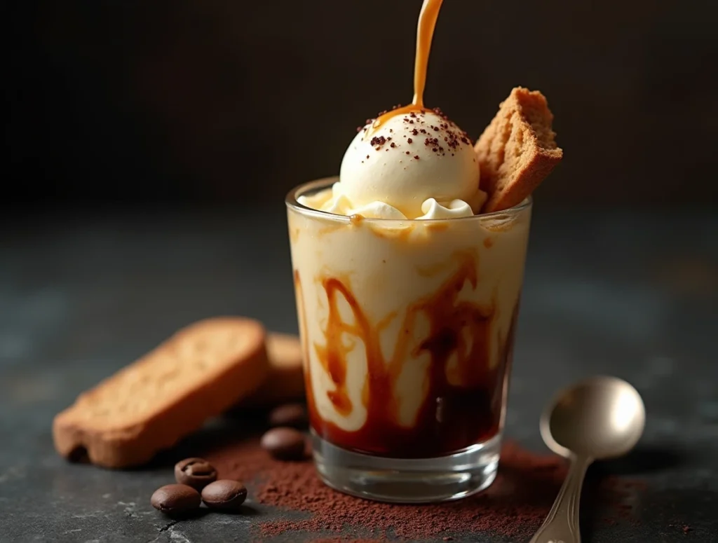A glass of classic affogato recipe with hot espresso poured over vanilla gelato, garnished with dark chocolate shavings