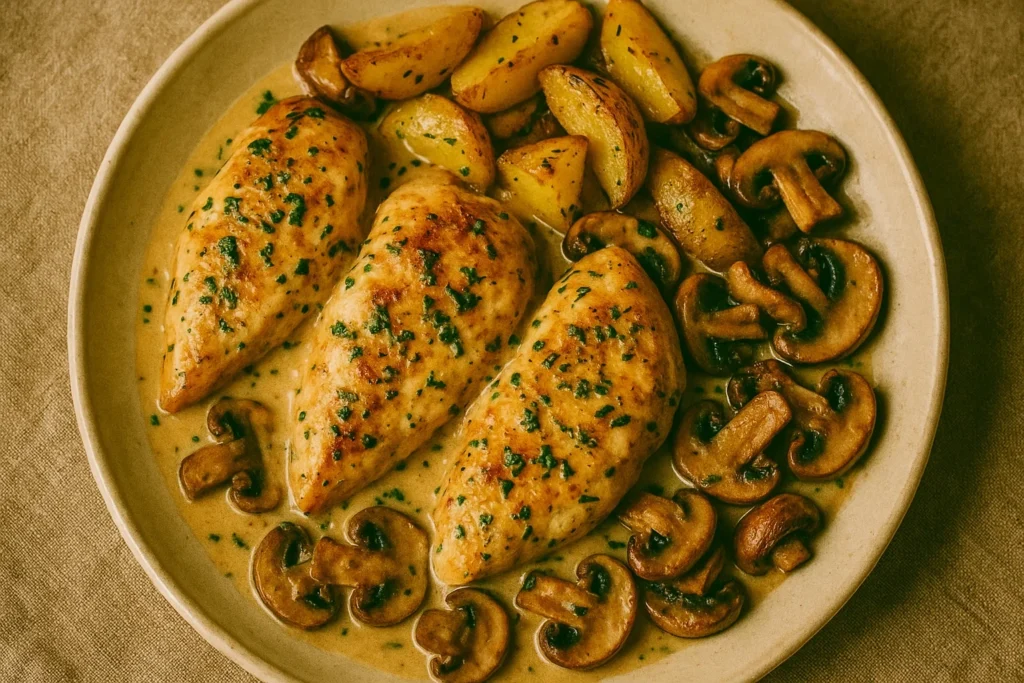 Creamy Chicken Recipe thighs served in a creamy garlic sauce with baby potatoes and mushrooms, garnished with fresh rosemary in a black bowl.