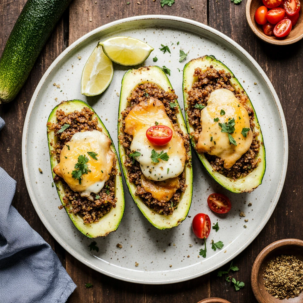 Delicious Ground Beef & Quinoa Stuffed Zucchini Boats baked with cheese and fresh herbs