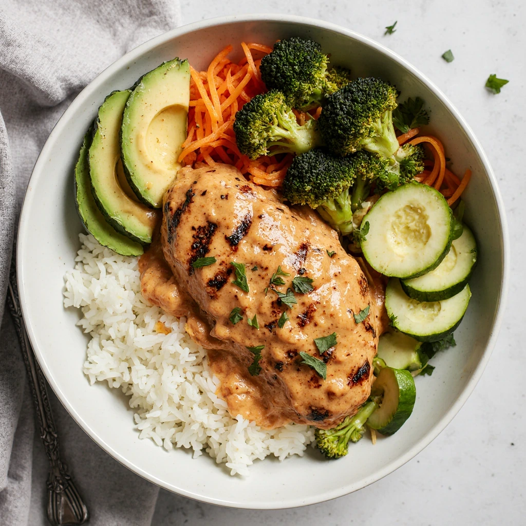 A delicious Bang Bang Chicken Bowl with crispy chicken bites, rice, fresh vegetables, and creamy bang bang sauce drizzled on top.