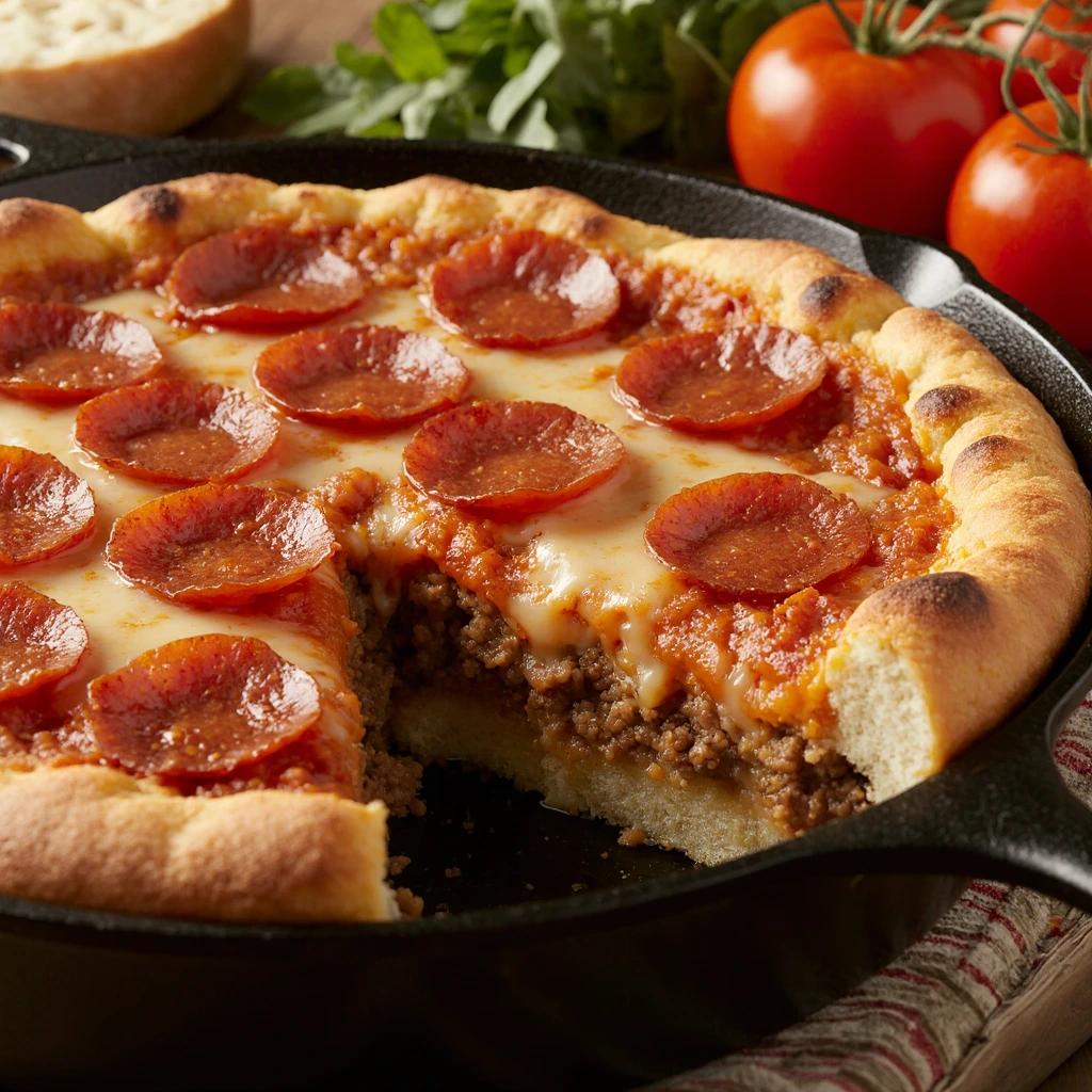 Deep Dish Hamburger, Sausage & Pepperoni Pie with melted cheese and savory toppings, perfect for family dinners