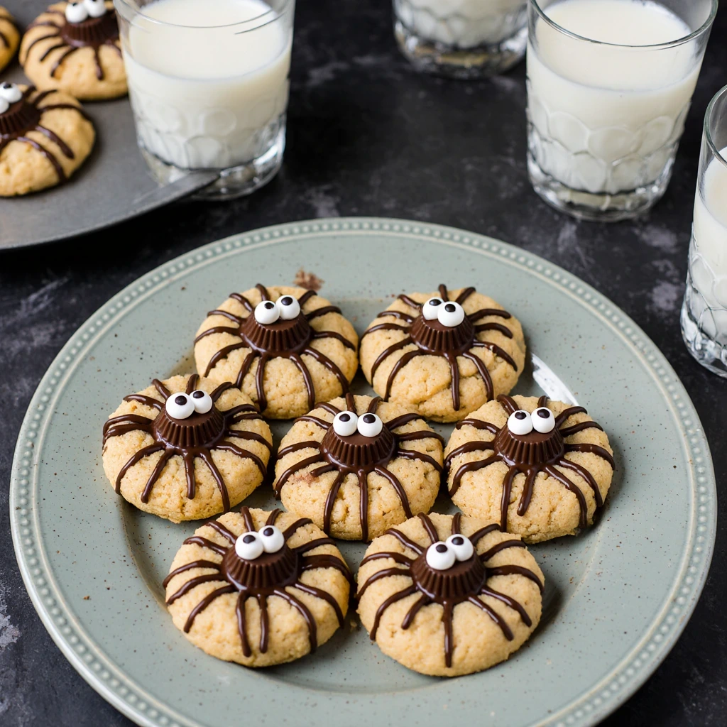 Spider Cookies decorated with chocolate truffles and candy eyes for Halloween